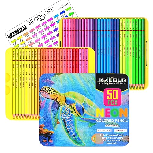 KALOUR PDAS 50 Neon-Buntstifte für Erwachsenen-Malbücher, fluoreszierende Farben, professionelles Zeichenstifte-Set, Kunstbedarf-Set für Erwachsene, Anfänger, Künstler, weicher Kern