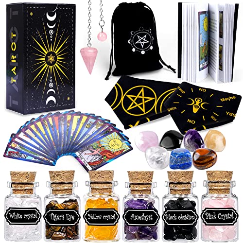 YixangDD Tarot Cards with Guide Book 18 Pcs Include 1 Deck of 78 Cards 、6 Mini Crystal Jars，7 Chakra Stones,1 Spirit Pendulum，1 Cloth ，1Goddess of Earth Pendulum mat，1 Velvet Bag - Multicolor