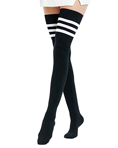Kayhoma Extra Long Cotton Stripe Thigh High Socks Over the Knee High Plus Size Stockings… - Medium - Black