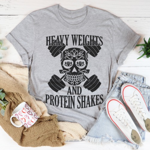 Heavy Weights And Protein Shakes Tee - Athletic Heather / M