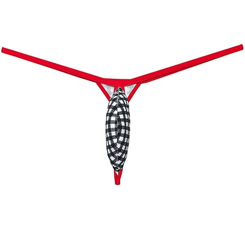 Jaxu Men's Ultra Minimum Comerage G-string Thong Underpants Tiny Slip T-back Drop Shape Underwear Male Hot Micro Thong, Plaid, Large