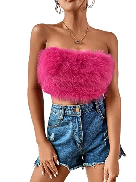 Floerns Women's Solid Strapless Sleeveless Fuzzy Faux Fur Crop Tube Top