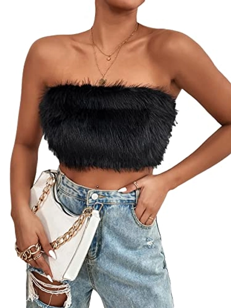 Floerns Women's Solid Strapless Sleeveless Fuzzy Faux Fur Crop Tube Top