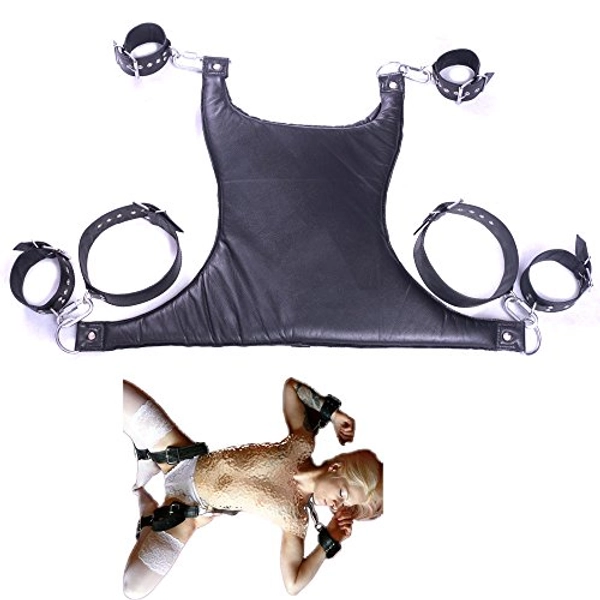 Cow Hide Leather Wrist, Ankle & Thigh Cuffs Set with Padded Sex Sling/Swing Bondage