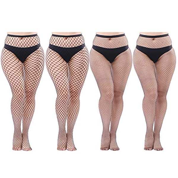 Aneco 4 Pairs Plus Size Fishnet Tight Cross Mesh Pantyhose Thigh High Stocking