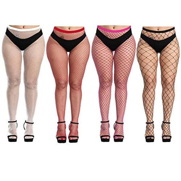 Aneco 4 Pairs Plus Size Fishnets Tights Sexy Pantyhose Stockings Cross Mesh Fishnet Tights Thigh High Stockings…