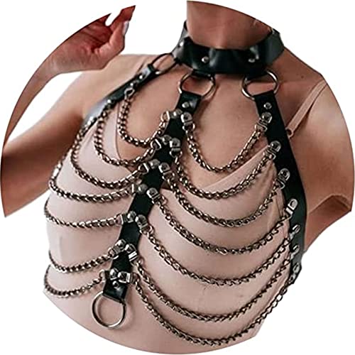 SUNSDEW Women's Body Harness Bra Punk Chest Harness Belt Elastic Adjustable Metal Chain Bra Dance Carnival Gothic Costume Accessories