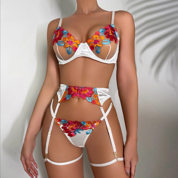 Erotic 3 Piece Floral Lingerie Set, Sheer Floral Bra, High Waist Garter Belt, Matching Floral Thong, Sexy Lingerie Set