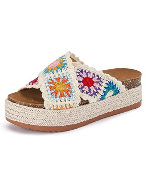Coutgo Womens Platform Espadrille Sandals Flatform Floral Crochet Cork Open Toe Summer Beach Slide Sandals