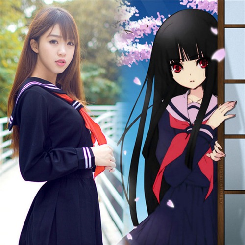 Japanese School Uniform For Girls Autumn Long-sleeve Student Sailor Uniforms Anime Hell Girl Cosplay Costume with Socks C30153AD