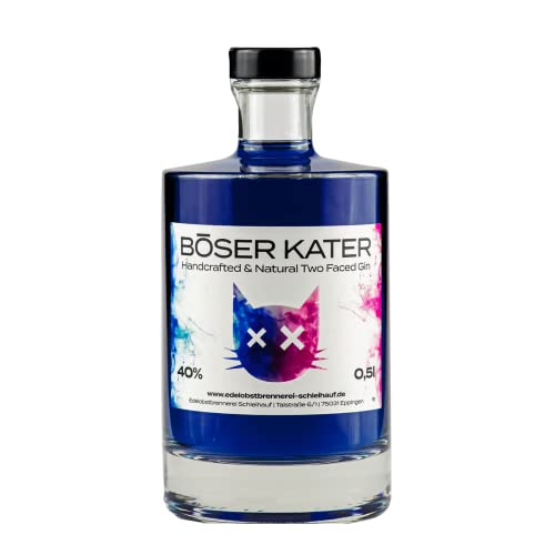 Böser Kater Two Faced Gin mit Farbwechsel 0,5l - Ändert bei Zugabe von Tonic Water die Farbe - Handgemacht & Small Batch - 40% Vol. - Two Faced Gin mit Farbwechsel - 0.5 l