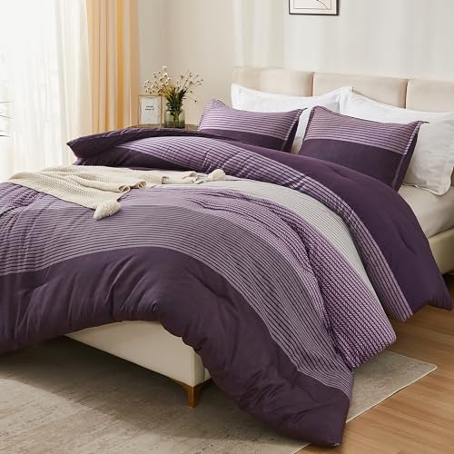 Litanika Purple Full Comforter Set, 3 Pieces Striped Bedding Set, Lightweight Soft All Season Down Alternative Comforter Set with Corner Loops (1 Gray&Purple Comforter, 2 Pillowcases) - Full - 09 - Purple