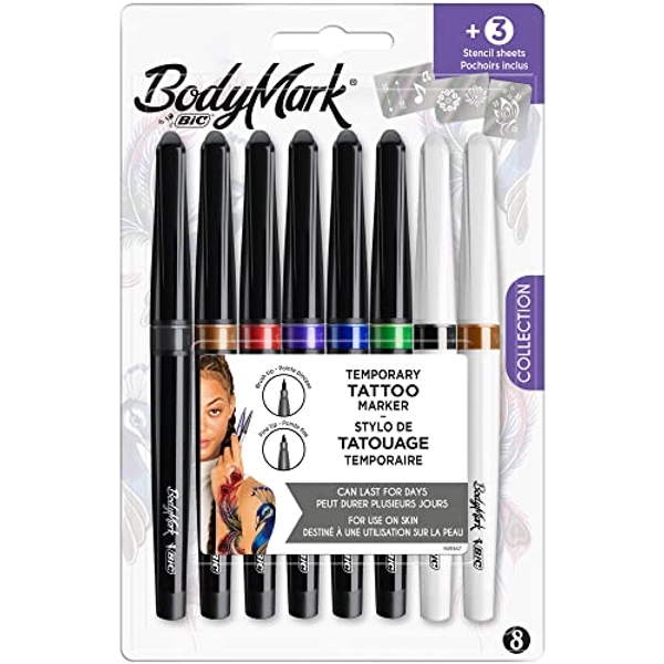 BodyMark by BIC COLLECTION FINE - Marcadores Tatuajes Temporales, calidad cosmética, para usar sobre la piel -8 Colores: 6 con Punta de Pincel y 2 con Punta Fina, 3 Láminas de Plantillas - Pack 8+3