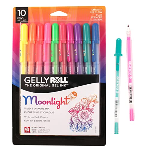 SAKURA Gelly Roll Moonlight Gel Pens - Bold Point Opaque Ink Pen for Journaling, Art, or Drawing - Bold Line - Assorted Bright Ink - 10 Pack - 10 Count (Pack of 1) - Gelly Roll