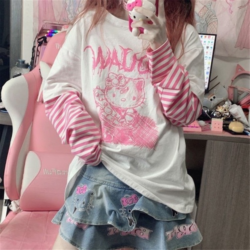 Menhera Kitty Long Sleeve Top - Pink / L