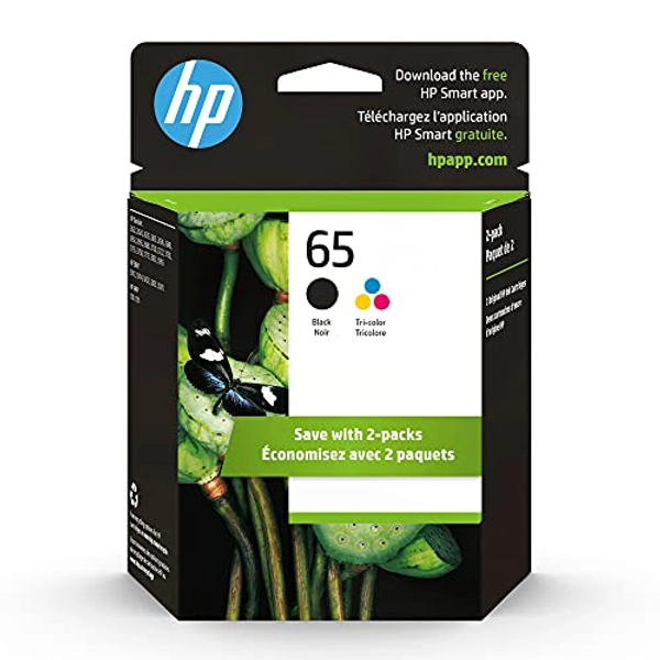 HP 65 Black/Tri-color Ink Cartridges (2-pack) | Works with HP AMP 100 Series, HP DeskJet 2600, 3700 Series, HP ENVY 5000 Series | Eligible for Instant Ink | T0A36AN