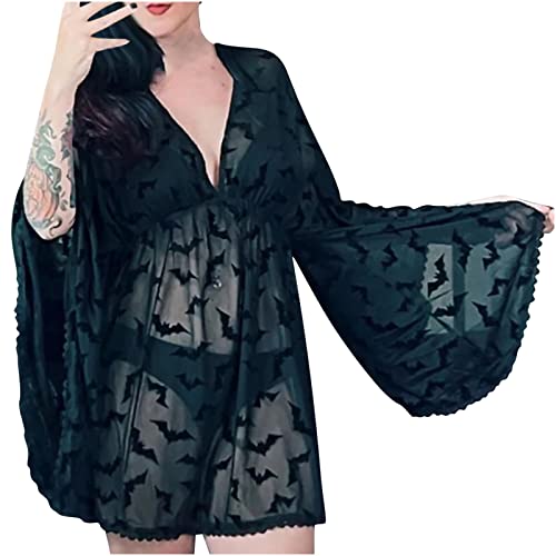 Oplxuo Womens Halloween Lingerie Bat Print Babydolls Chemises Set