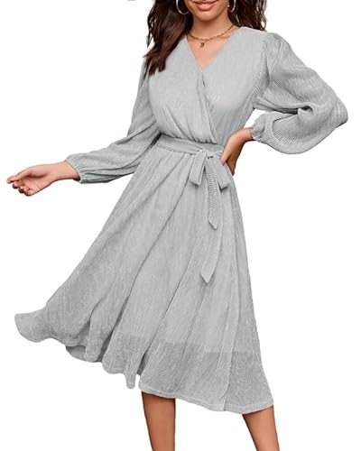 GRACE KARIN Damen Abendkleider Elegant für Hochzeit Glitzer Cocktailkleid Knielang A-Line Dünner Langarm Festliche Kleid mit Gürtel - XL - Silber