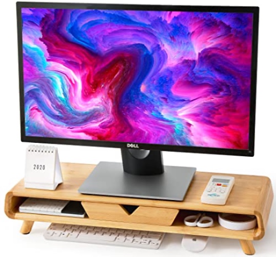 Homerays Bamboo Monitor Stand Riser, No Assembly Required Exquisite Monitor Stand with Drawer Ergonomic Height Wood Monitor Stand - Bamboo