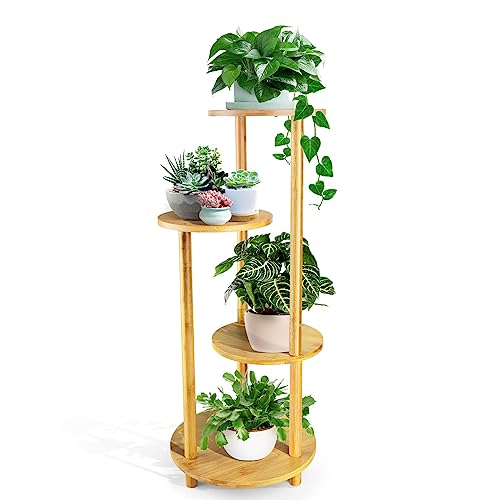 Bamboo Plant Stand Indoor, 4 tier Planter Shelf for Multiple Plants, Corner Decor Tall Holder Living Room, Outdoor Plants Display Rack for Balcony Patio, Flower Potted Wood Stands Living Room Office