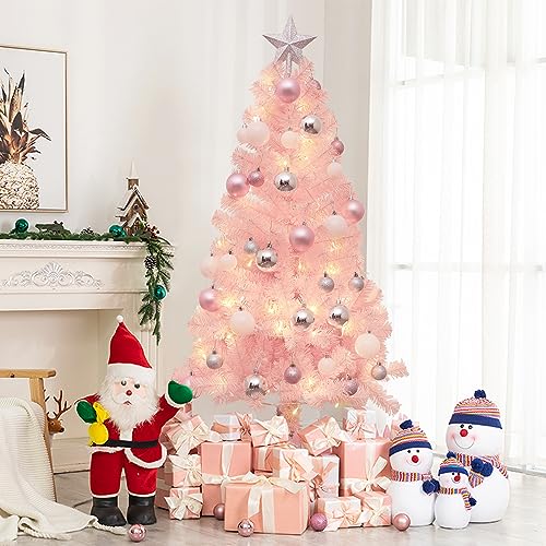 4ft Pink Premium Artificial Christmas Pine Tree for Home, Office, Party Decoration w/ 300 Branch Tips and Stand, 120 White Lights, Christmas Balls Set - Pink