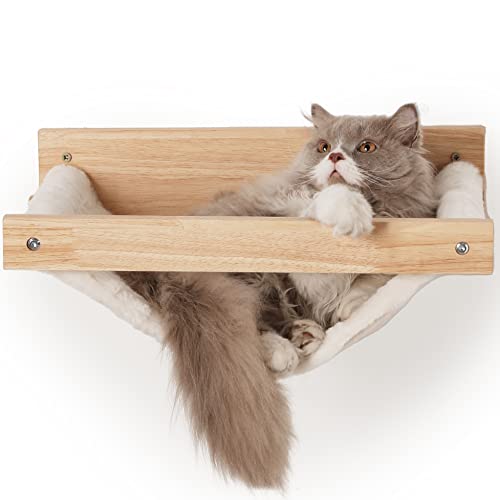 FUKUMARU Cat Hammock Wall Mounted, 18 x 14 in Kitty Beds and Perches, Wooden Cat Wall Furniture, Larger Version Cat Wall Shelves with Extra Cloth, Suitable for 16 inch Drywall Installation - L-16inch Drywall