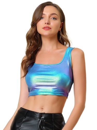 Allegra K Women's U Neck Sleeveless Party Clubwear Holographic Shiny Metallic Crop Top - Small Purple