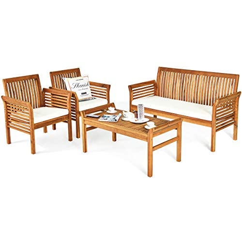 Tangkula 4 Piece Outdoor Acacia Wood Sofa Set with Water Resistant Cushions, Padded Patio Conversation Table Chair Set w/Coffee Table for Garden, Backyard, Poolside (1) - 1