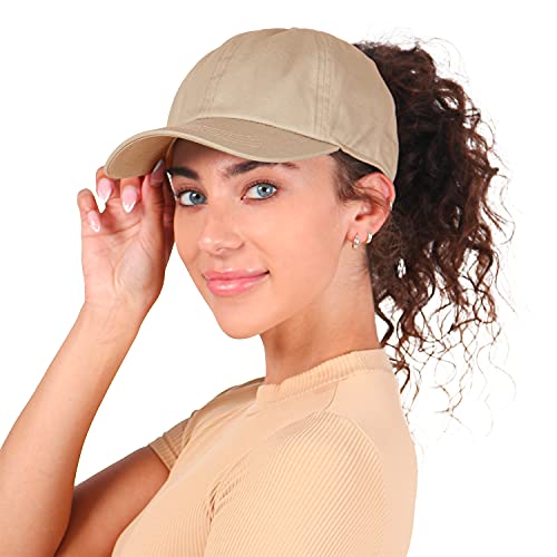 Ponyflo Satin-Lined Ponytail Cap - Designed for Women with Curly Hair, Ponytail Hats for Women, Curly Hair Baseball Cap - One Size - Beige
