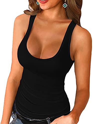 Deerludie & T Womens Scoop Neck Ribbed Tank Tops Low Cut Solid Sexy Summer Sleeveless Henley Tees Shirts - Small - U-black