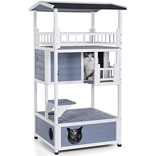 Petsfit 4-Level Outdoor Cat House with Sun Deck, Cozy Sleeping Quarters, Jumping Platform, and Play Area - Perfect for Cats