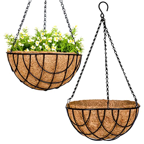 VICHOCCA Wire Hanging Planter Basket Flower Pots for Plants Outdoor with Coco Liner - 10 Inch Grid Pattern Pot for Indoor Garden Decor Plant Holder Container, 2 Pack - 10 Inch - Grid