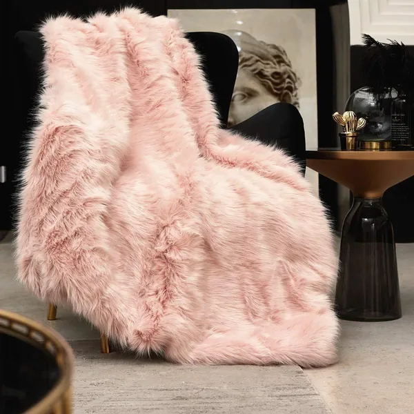 Pink Faux Fur Throw Blanket, Luxury Modern Blush Home Throw Blanket, Super Warm, Fuzzy, Elegant, Fluffy Thick Heavy Decoration Blanket Scarf for Sofa, Couch and Bed, 50''x 60'' - Pink 50'' x 60''