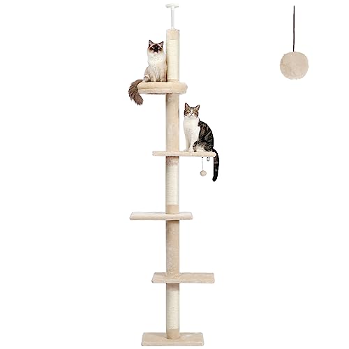 PETEPELA Cat Tower 5-Tier Floor to Ceiling Cat Tree Height(95-107 Inches) Adjustable, Tall Cat Climbing Tree Featuring with Scratching Post, Cozy Bed,Interactive Ball Toy for Indoor Cats/Kitten Beige - Beige Plush