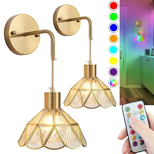 SLYWISE Battery Operated Wall Sconce, Wireless Wall Sconces Set of Two Battery Operated, RGB Color Changing Dimmable Battery Operated Sconces with Remote for Bedroom Living Room, Easy to Install - Transparent