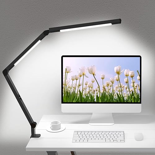LED Desk Lamp with Clamp, Architect Desk Lamp with Dual Light and Adjustable Swing Arm, Clip-on Eye-Care 4 CCT Modes & 5 Brightness Levels Table Light Modern Desk Light for Home Office - Black+Touch