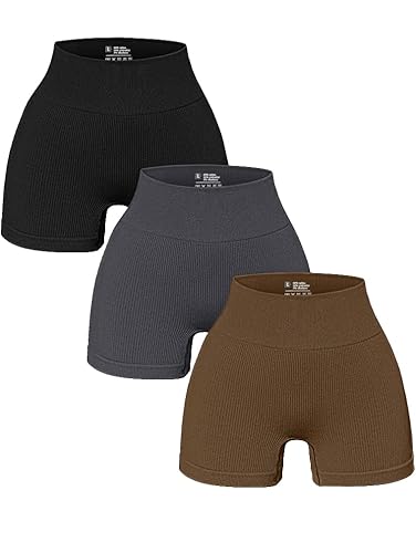OQQ Women's 3 Piece Yoga Ribbed Seamless Workout High Waist Athletic Legging Shorts - Large - Black/Grey/Coffee