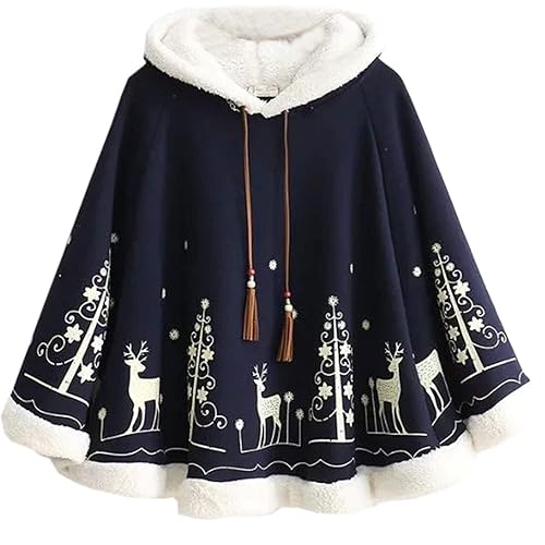 Flygo Women Girl's Cute Fleece Lined Hooded Cape Poncho Cloak Coat Animal Printed - One Size - Dark Blue