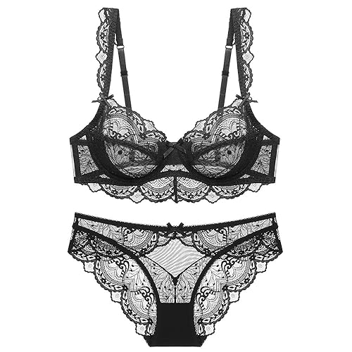 Guoeappa Women's Lace Bra and Panty Sets Underwired Lingerie Set Push Up Sheer Bras - Black - 36B
