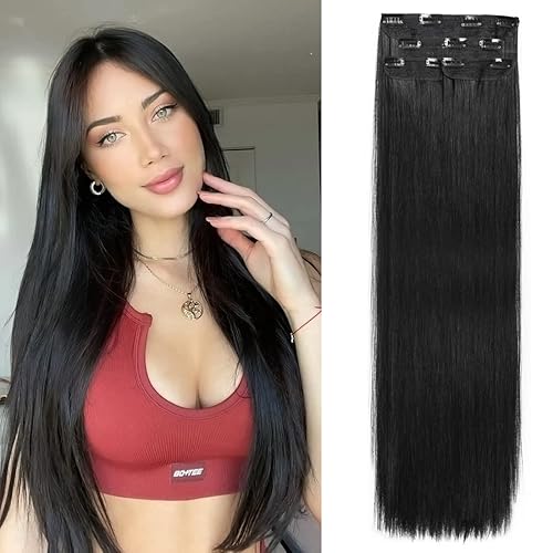 DOCUTE Natural Black Clip in Hair Extensions Black Women 4 Pieces, Full Head Long Straight Hair Extensions Clip ins Double Weft Thick Hair Extensions Hair Classic Pieces (26", Natural Black) - 26" - Natural Black