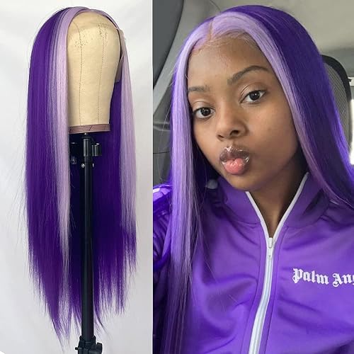 QD-Tizer Purple Lace Front Wigs Long Straight Hair Wigs Skunk Stripe Light Purple Highlights Glueless Synthetic Lace Front Wigs for Fashion Women Heat Resistant Fiber Hair - F2410