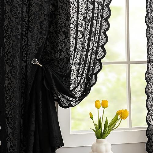 ALIGOGO Black Lace Curtains 63 Inch Length Elegant Vintage Floral Sheer Curtain Panels for Halloween Luxury Gothic Curtains for Bedroom Witchy/Goth Room Decor, 52 x 63 Black - Black - 52"W x 63"L (Pack of 2)