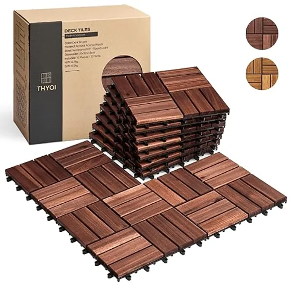 THYOI 10 Pcs Interlocking Deck Tiles 12" x 12", Patio Flooring Outdoor Waterproof, Acacia Wood Tiles All Weather, Floor Tiles for Balcony, Backyard, Indoor and Outdoor use (Brown)