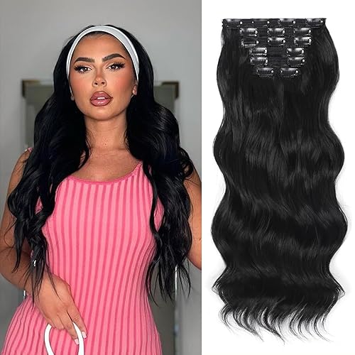 Vigorous Clip in Hair Extensions Black Long Wavy Hairpieces 20Inch Hair Extensions Clip Ins Soft Synthetic Hairpieces for Women (7Pcs) - Black - 20 Inch (7Pcs)