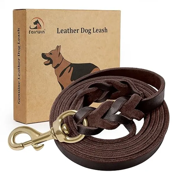 FAIRWIN Braided Leather Dog Training Leash 6 Foot - Dog Leather Leashes Heavy Duty for Large Medium Dogs (Brown, L:3/4" x 6ft)