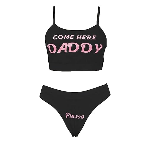 Multitrust Sexy Women Come Here Daddy Please Strappy Lingerie Set 2PCS Slutty Underwear Tank Tops and Panty Pajamas Sleepwear - Medium - Black