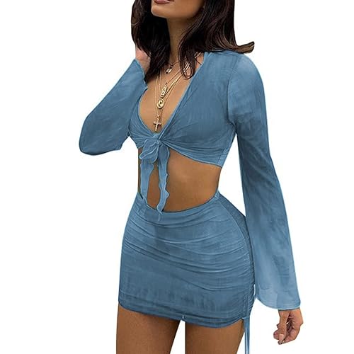 SHESEEWORLD Women's Sexy Long Sleeve 2 Pieces Sheer Mesh Cover Up Dress Crop Top Bodycon Ruched Y2K Mini Skirt Sets - Medium - Grey