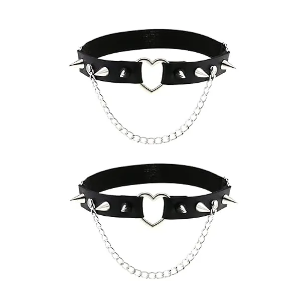 alisikee 2PCs Adjustable Heart Leg Garter Belt with Chain, Elastic Spike Rivet Thigh Garters for Women Parties