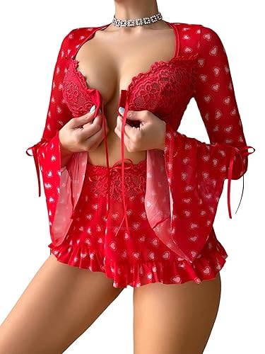 RoseSeek Women's 3 Piece Lingerie Set Floral Lace Flare Sleeve Front Closure Bralettes Garter Babydoll Lingerie Skirt Set - Medium - Red