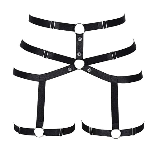 Women body harness Garter belt Leg strap Lingerie cage Soft Elasticity Carnival Punk Gothic Adjustable - Black+silver